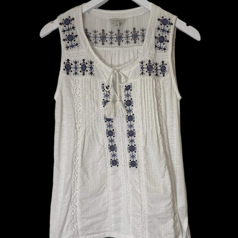 Lucky Brand Boho White Tank Tunic Embroidered with Tassel Medium